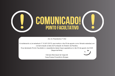 Câmara Municipal de Caaporã decreta ponto facultativo no dia 4 de agosto