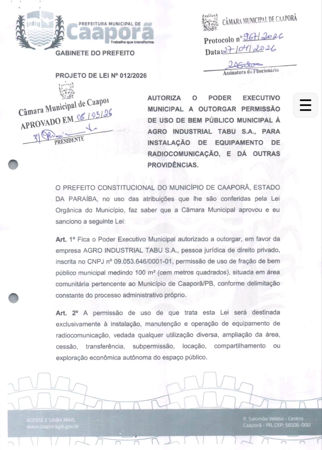 Prefeitura de Caaporã autoriza uso de área pública para instalação de equipamento de radiocomunicação